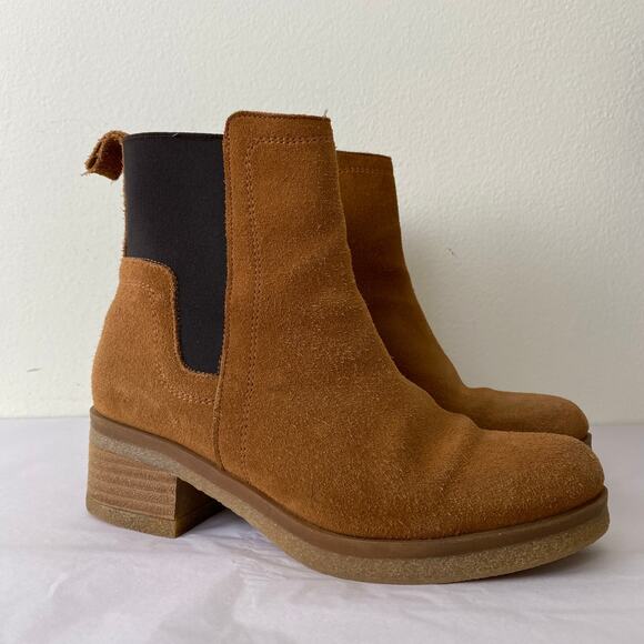 Avellini Suede Chelsea Boots Size 37 or 6.5 Cognac Tan Leather Chunky Heel - Picture 4 of 14